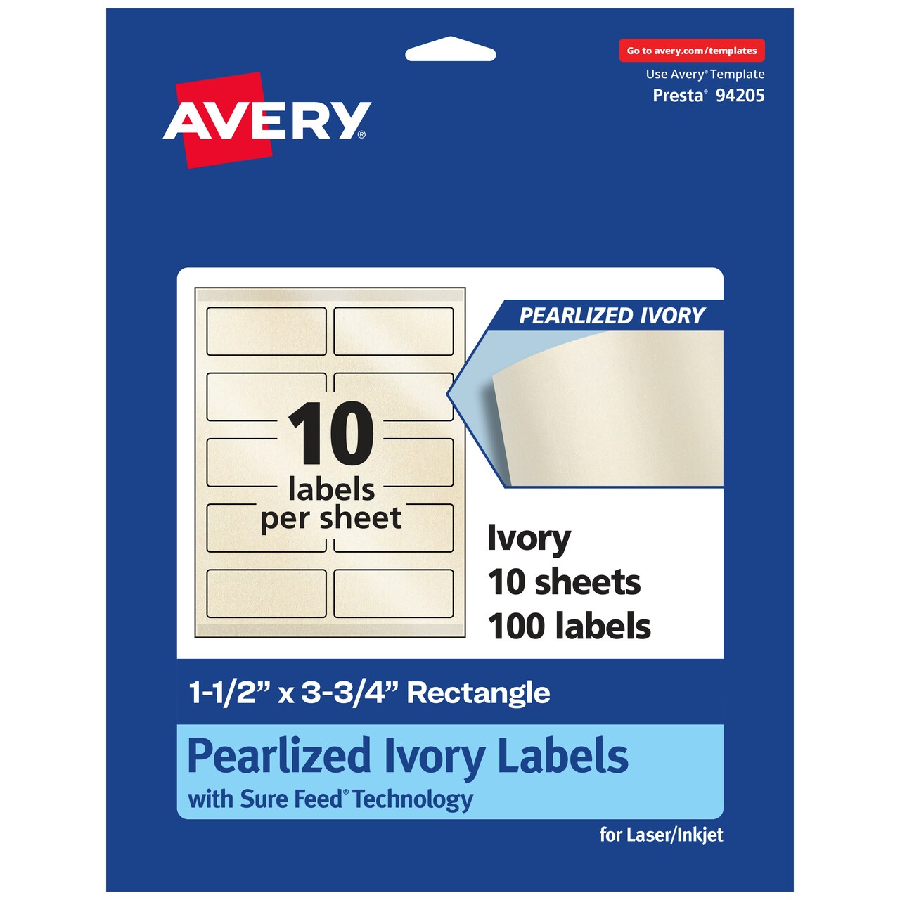 Avery Pearlized Ivory Rectangle Labels with Sure Feed Technology, Print-to-the-Edge, 1.5" x 3.75"